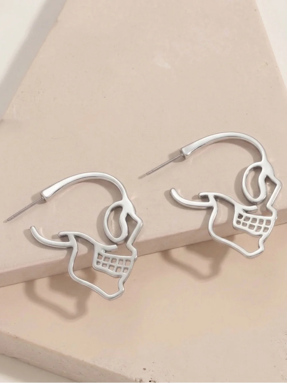 “Skull Profile” Skeleton Outline Cut-Out Hollow Gothic Punk Macabre Silver Hoops